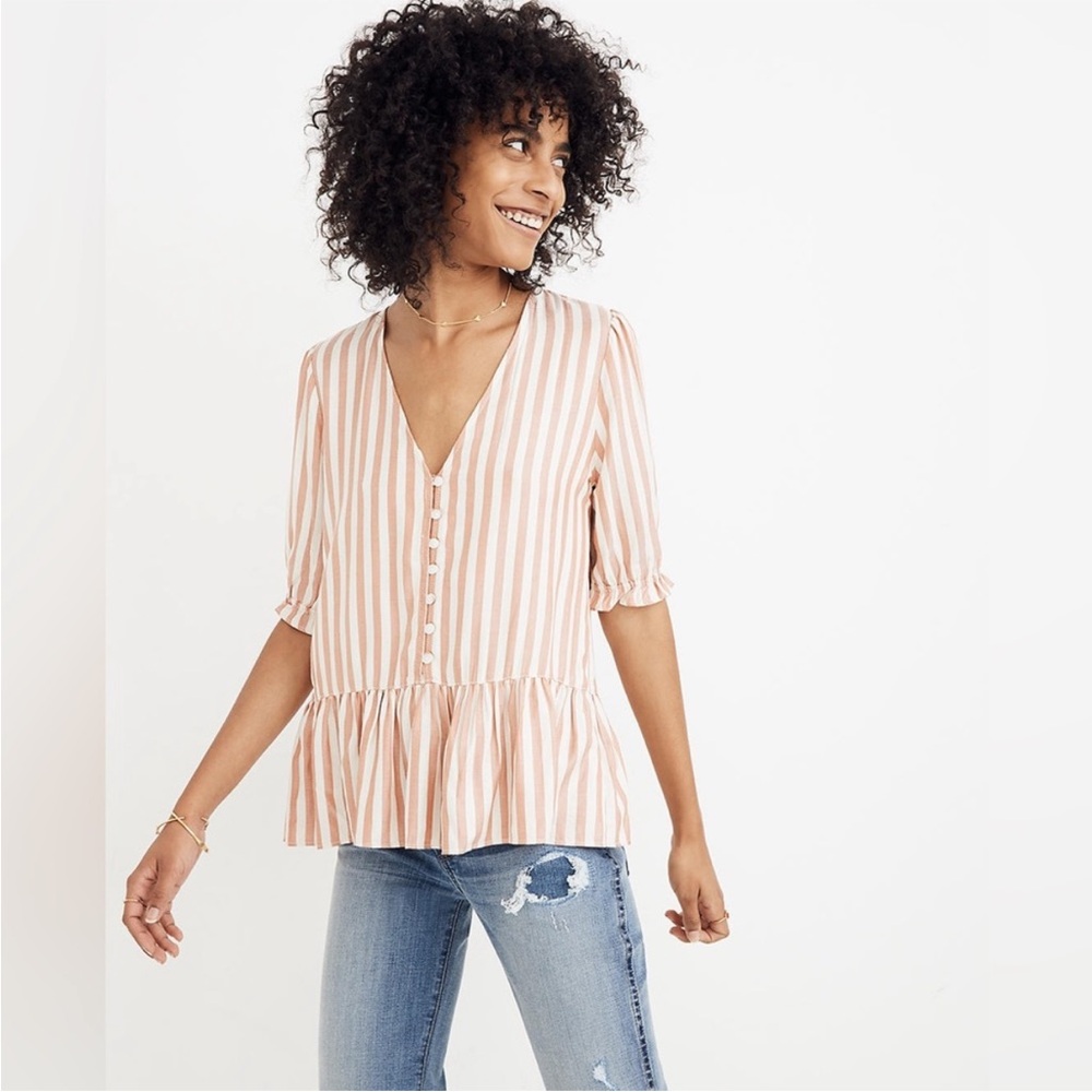 Madewell Pink Stripe Peplum Button Front Blouse Size Small